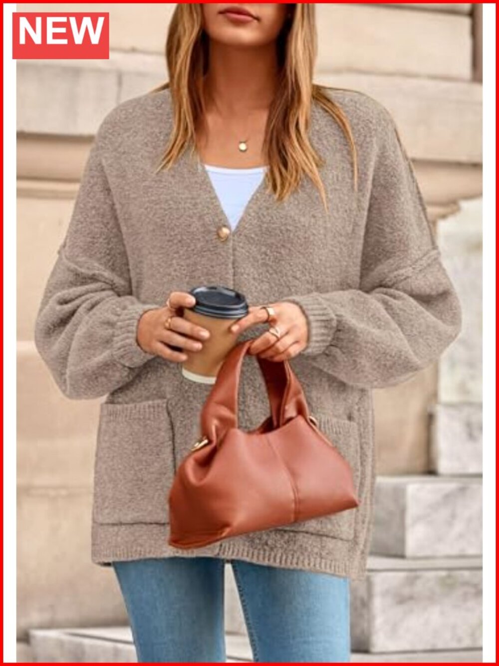 Oversized Chunky Cardigan Sweater Button Down V Neck Lantern Sleeve - Picture 5 of 6